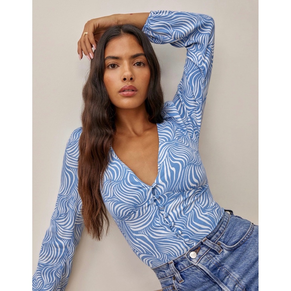REFORMATION Nell Top Sz S Blue NWT Long Sleeve V-Neck Swirl Bohemian Blouse Luxe